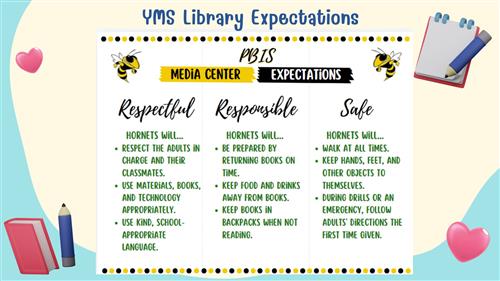 YMS Library Expectations: Respect adults an classmates. Use materials Appropriately. Use school appropriate language.  